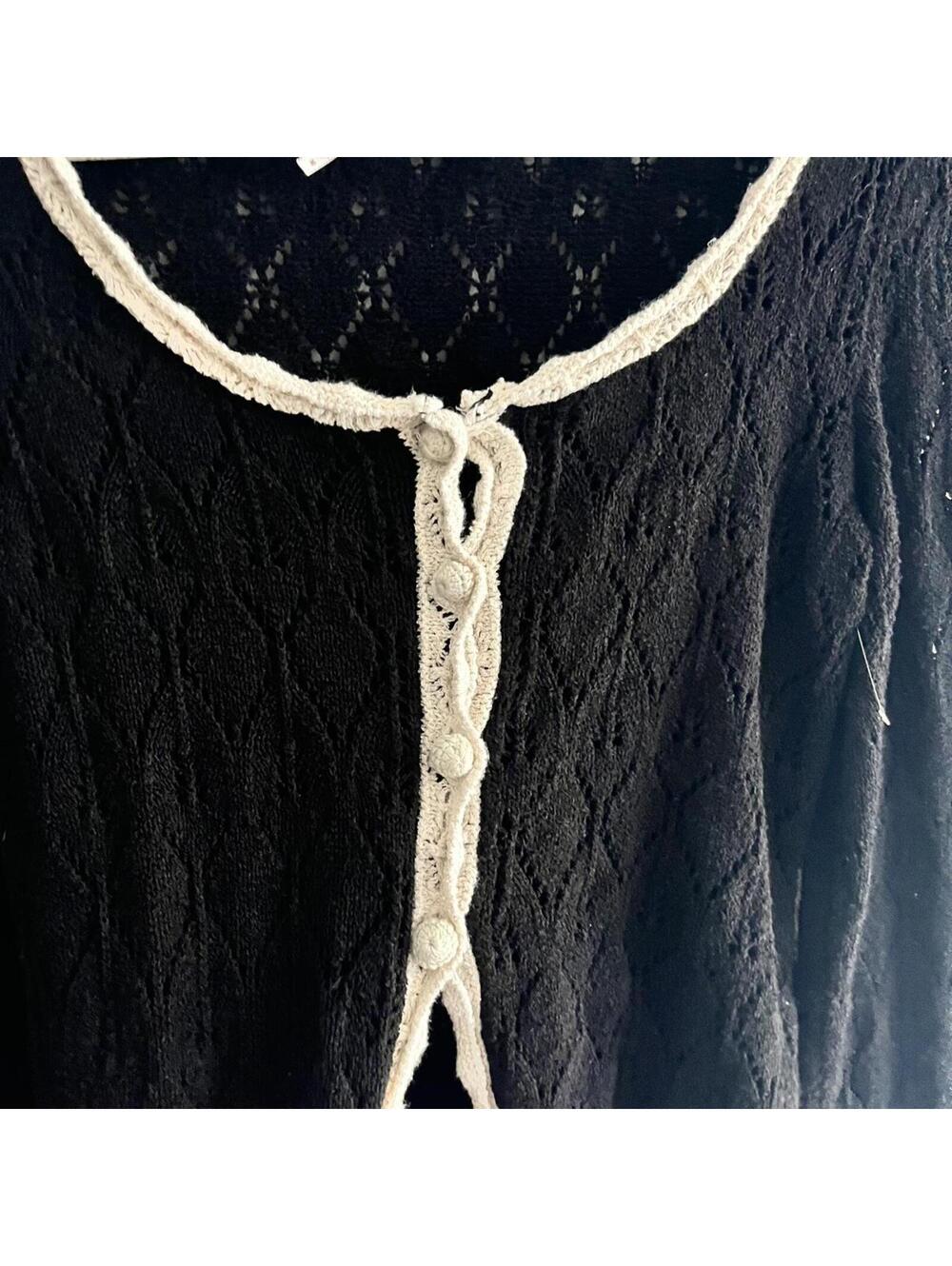Free People Adelene Cardigan in Black with Cream Crotchet Trim - Picture 4 of 6